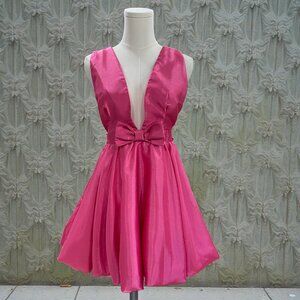 Mable S Pink Satin Bow‎ Mini Dress Deep V Coquette Y2K Party Holiday Glam NWT